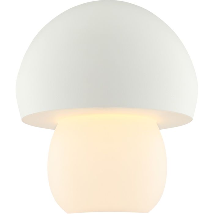 Brilliant Dupis witte kunststof oplaadbare tafellamp met LED in de voet en wit metalen ovale kap, met een hoogte van 23,8 cm en een diameter van 20 cm