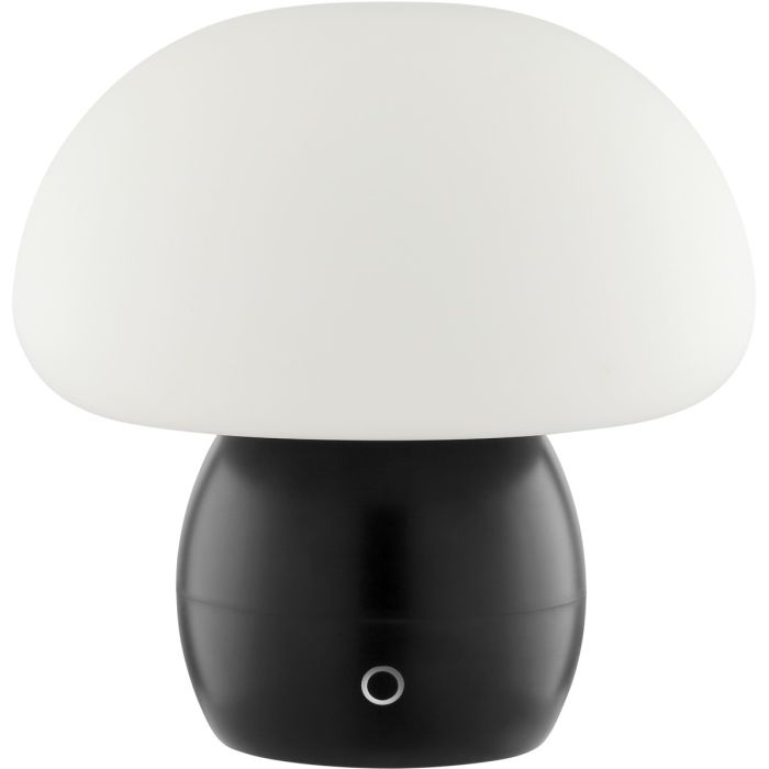 Brilliant Dupos zwarte kunststof oplaadbare tafellamp met wit glazen ovale kap met een hoogte van 22,2 cm en een diameter van 22 cm