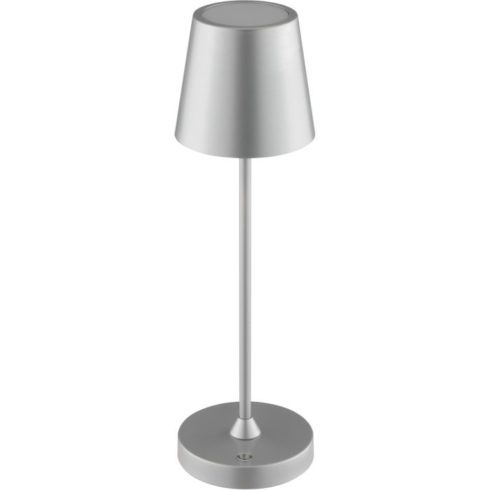 Brilliant Elora zilver kleurige oplaadbare tafellamp voor buiten met kunststof bovenzijde voor licht naar boven en beneden met een hoogte van 37 cm en een diameter van 11 cm