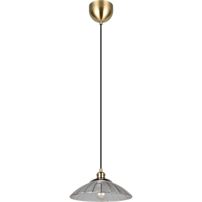 Reality Eluna oud brons kleurige hanglamp met een schijfvormige kap van geribbeld helder glas met een diameter van 29,5 cm