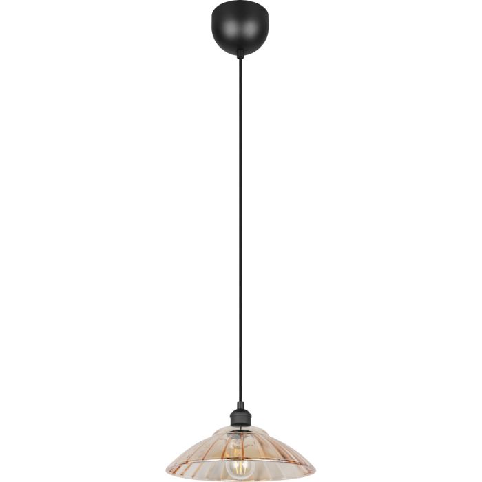 Reality Eluna zwarte hanglamp met een schijfvormige kap van geribbeld amber kleurig glas met een diameter van 29,5 cm