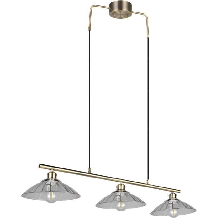 Reality Eluna oud brons kleurige hanglamp van 100 cm lang met drie schijfvormige kappen van geribbeld helder glas met een diameter van 25 cm