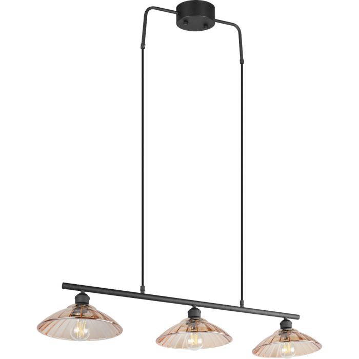 Reality Eluna zwarte hanglamp van 100 cm lang met drie schijfvormige kappen van amber kleurig geribbeld glas met een diameter van 25 cm