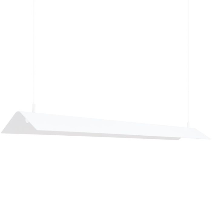 Witte driehoekig langwerpige hanglamp van metaal van 150 cm lang met buisvormige LED eronder