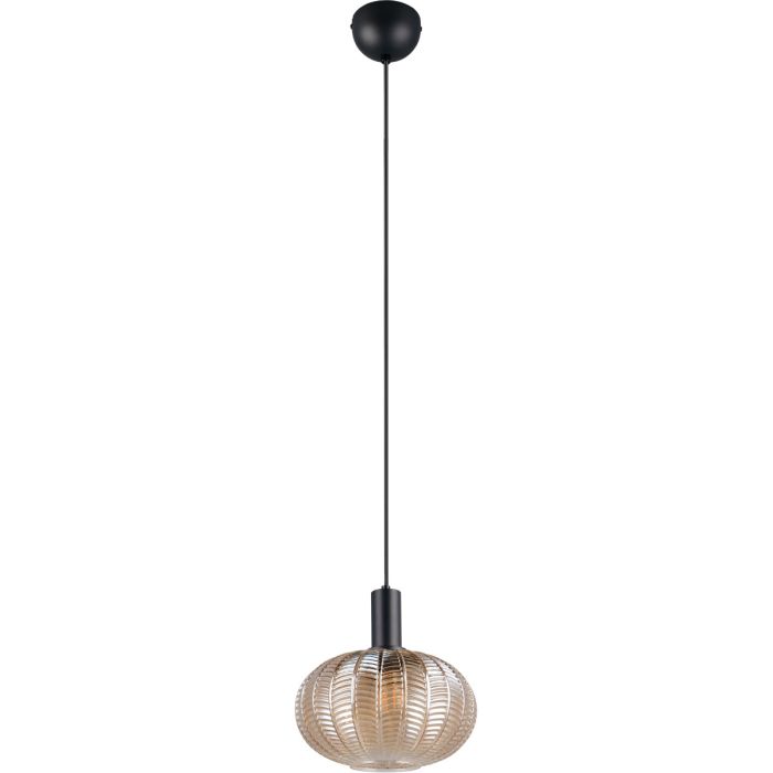Reality Elvezia zwarte hanglamp met ovale kap van amberkleurig geribbeld glas met een diameter van 26 cm