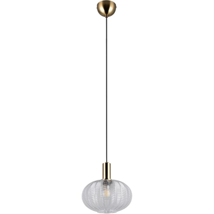 Reality Elvezia mat messing hanglamp met ovale kap van helder geribbeld glas met een diameter van 26 cm