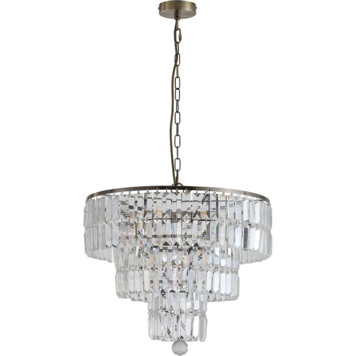 Searchlight Empire 1375-5AB antiek bronzen hanglamp met drie kleiner wordende ringen van kristallen staafjes en een kristallen druppel onderaan