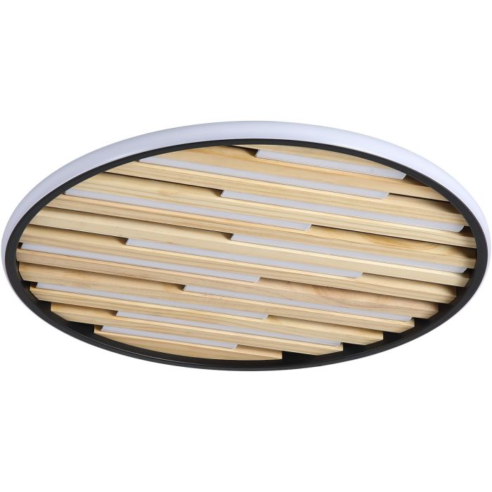 Searchlight Equalize ronde plafonniere met LED langs de rand en gevuld met houten balkjes met daartussen LED balkjes