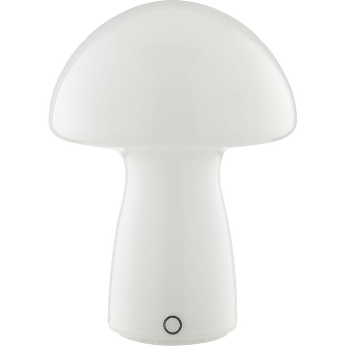 Brilliant Erik wit glazen oplaadbare tafellamp in paddenstoelvorm van 22,2 cm hoog en 16 cm in diameter