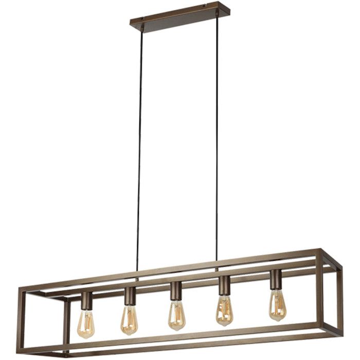 Freelight Esteso brons goudkleurige hanglamp van een 120cm lang metalen frame met vijf E27 fittingen en een bronskleurige plafondbalk