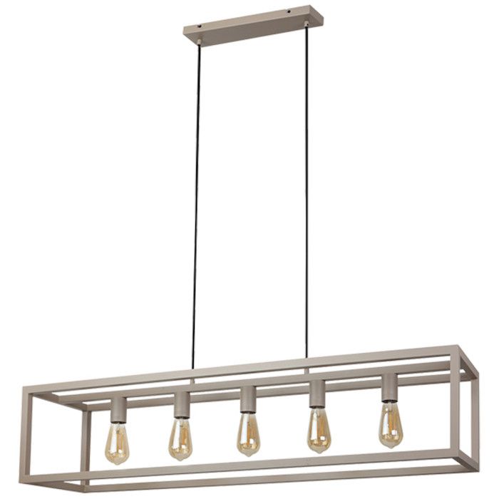 Freelight Esteso creme kleurige hanglamp van een 120cm lang metalen frame met vijf E27 fittingen en een creme plafondbalk
