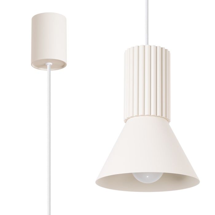 Sollux Estria beige hanglamp met een geribbelde fittinghouder en een kegelvormige kapje met een diameter van 14cm