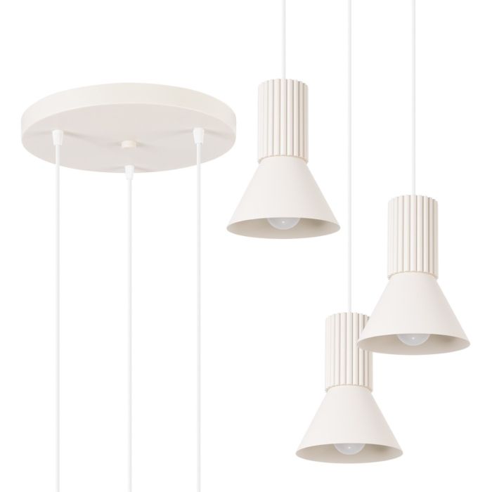 Sollux Estria beige hanglamp met drie pendels met geribbelde fittinghouder en een kegelvormige kapje met een diameter van 14cm