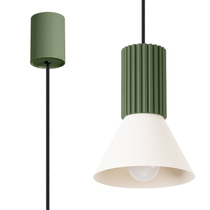 Sollux Estria olijf groen met beige hanglamp met een geribbelde fittinghouder en een kegelvormige kapje met een diameter van 14cm