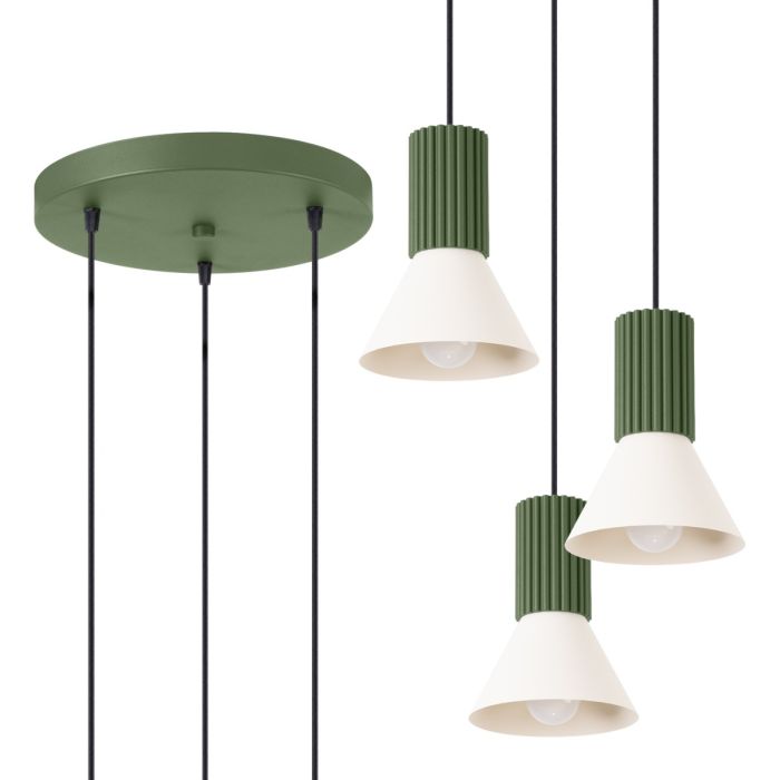Sollux Estria olijf groen met beige hanglamp met drie pendels met geribbelde fittinghouder en een kegelvormige kapje met een diameter van 14cm