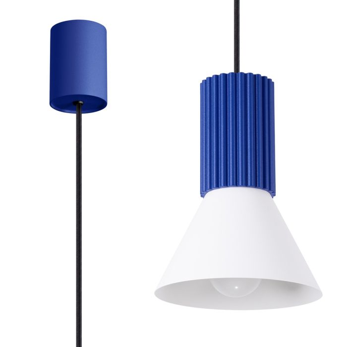 Sollux Estria marine blauw met witte hanglamp met een geribbelde fittinghouder en een kegelvormige kapje met een diameter van 14cm
