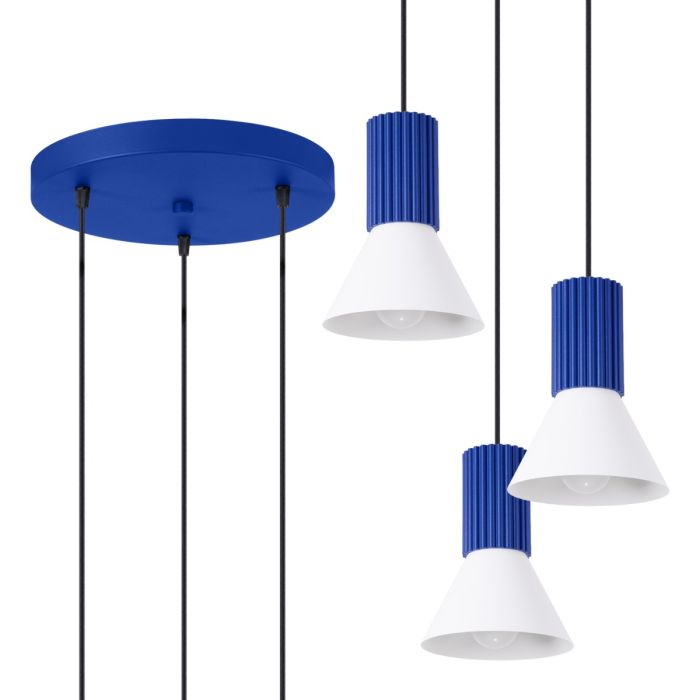 Sollux Estria marine blauw met witte hanglamp met drie pendels met geribbelde fittinghouder en een kegelvormige kapje met een diameter van 14cm