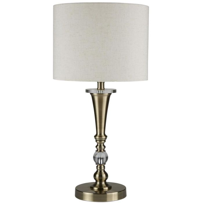 Searchlight Oscar EU1011AB antiek bronzen tafellamp met glazen elementen en kap van havermoutkleurig textiel