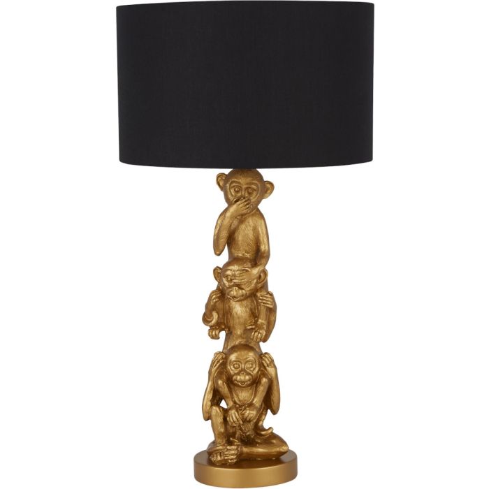 Searchlight Wise Monkeys EU1030GO tafellamp met aapjes in de voet die horen zien en zwijgen uitbeelden met zwarte ronde kap erboven