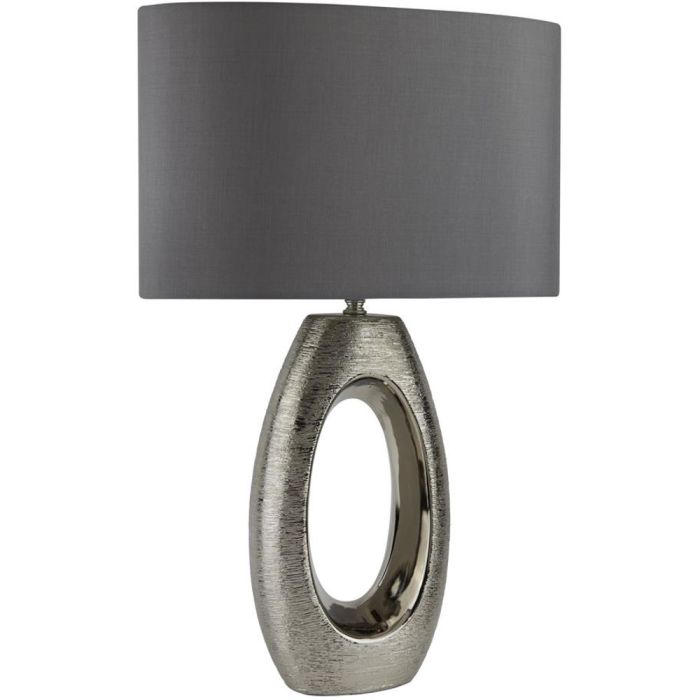 Searchlight Artisan EU1213CC tafellamp met ovaal ringvormige voet van ruw metaal en ovale kap van grijs textiel