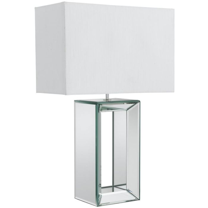 Searchlight Mirror EU1610 tafellamp met rechthoekige open tafelvoet van spiegels en rechthoekige kap van wit textiel