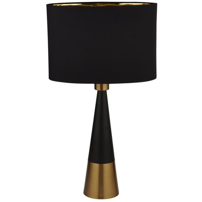 Searchlight Chloe EU2743BGO tafellamp met zwart met koperkleurige kegelvormige voet en grote zwarte kap van textiel met goudkleurige binnenzijde