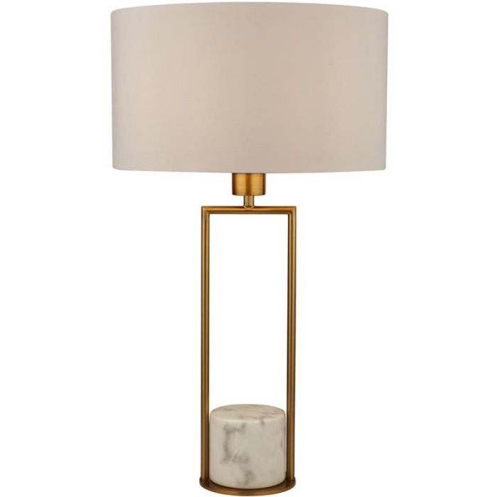Searchlight Claire EU2871GO tafellamp met voet van marmer en een rechthoekig goudkleurig buizenframe met een witte kap van textiel
