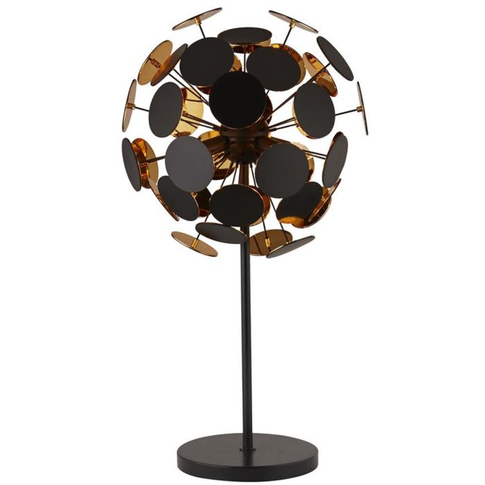 Searchlight Discus EU3070BG zwarte tafellamp met kap bestaande uit diverse zwarte ronde kunststof schijfjes met goudkleurige binnenzijde