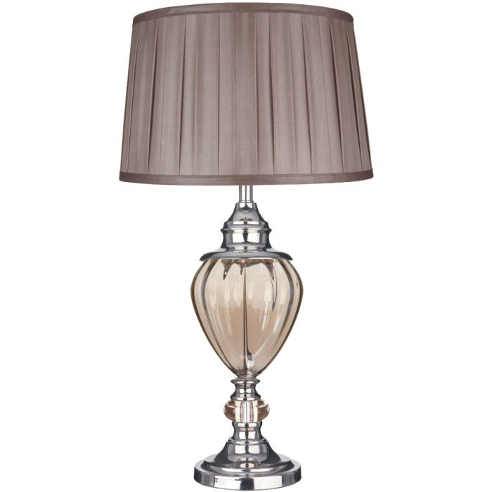 Searchlight Greyson EU3721AM chromen tafellamp met amber glas in de voet en geplooide bruine kap van textiel