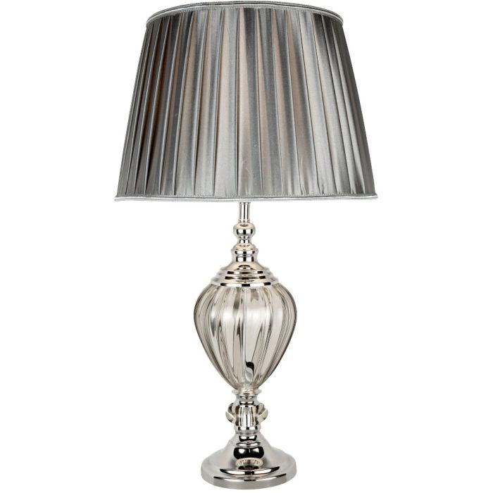 Searchlight Greyson EU3721CL chromen tafellamp met rookglas in de voet en tin grijze geplooide kap van textiel