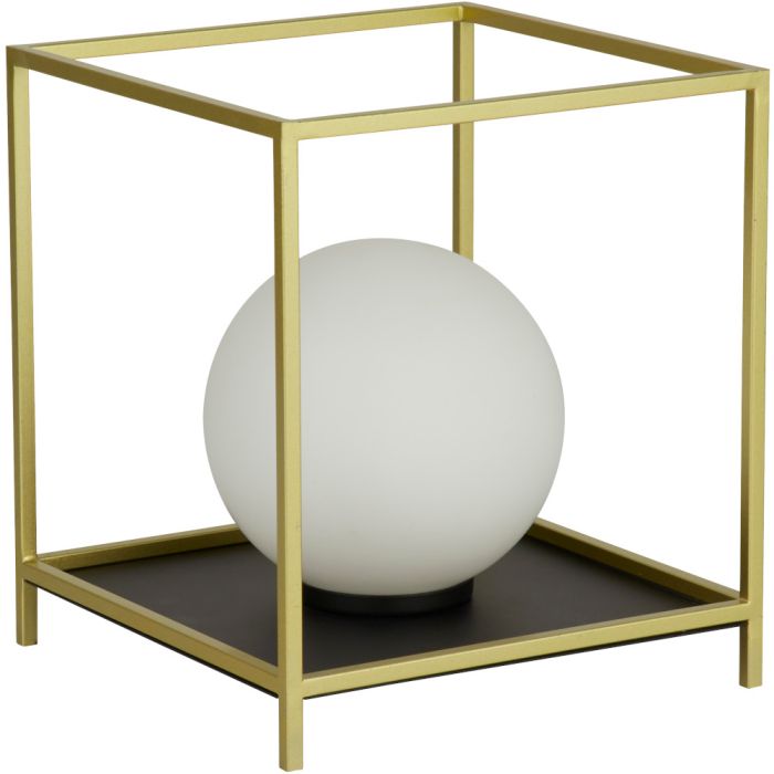 Searchlight Block EU4452GO goudkleurige tafellamp van vierkant raamwerk met opaal glazen bol in het midden