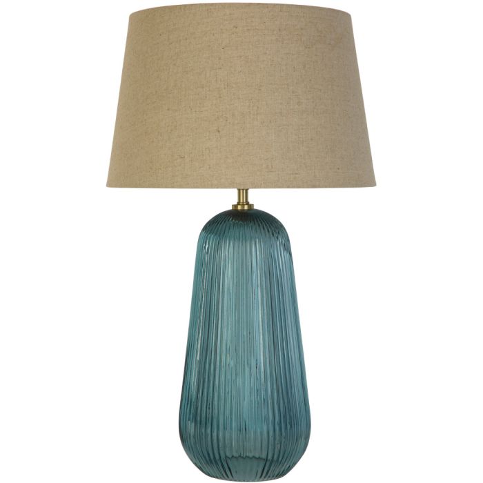 Searchlight Cameo EU44652AZ tafellamp met voet van blauw geribbeld gerecycled glas en met rond linnen kap