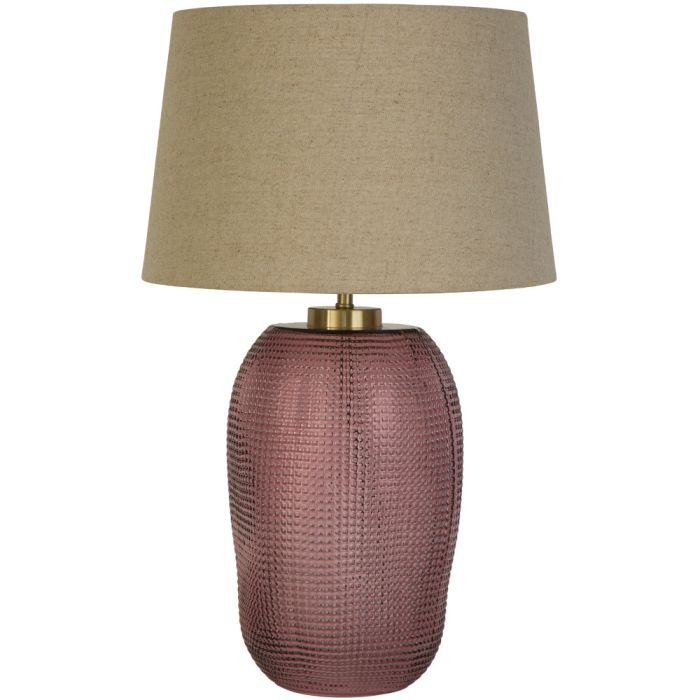 Searchlight Amethyst EU44652PI tafellamp van roze gerecycled geribbeld glas met linnen kap