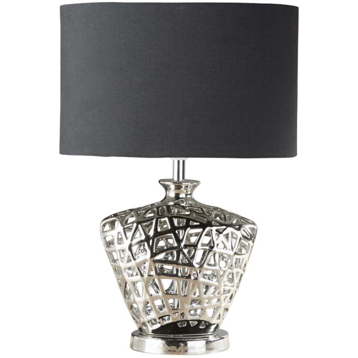 Searchlight Network EU4552CC chromen tafellamp met voet van gevlochten metaal en ovale zwarte kap van textiel