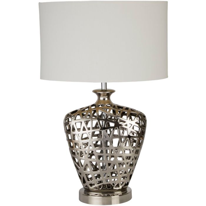 Searchlight Network EU4852CC chromen tafellamp van gevlochten metaal met witte kap van textiel