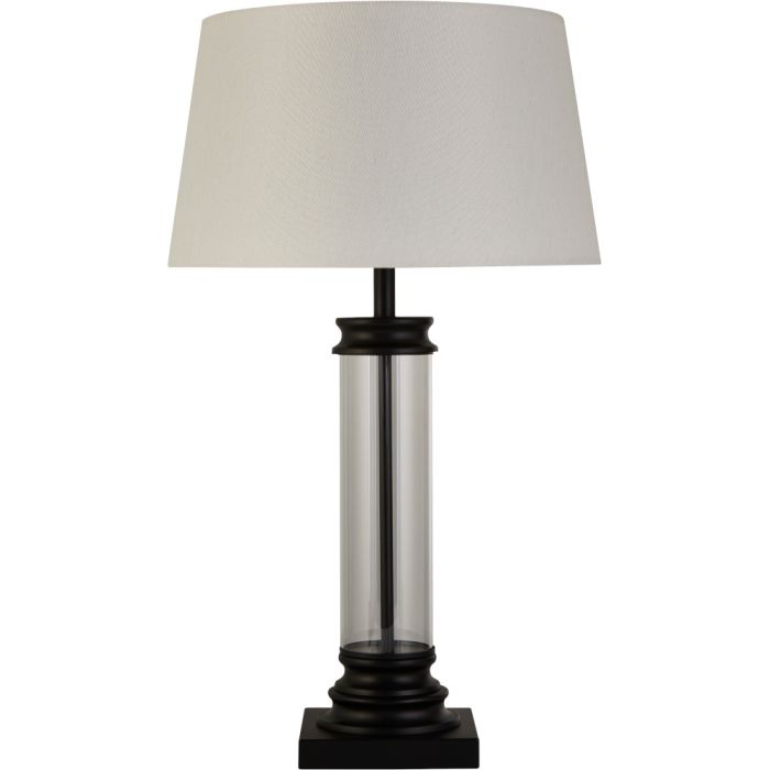 Searchlight Pedestal EU5141BK 63cm hoge tafellamp met zwarte voet met cilindervormig helder glas om de voet en ronde kap van creme textiel