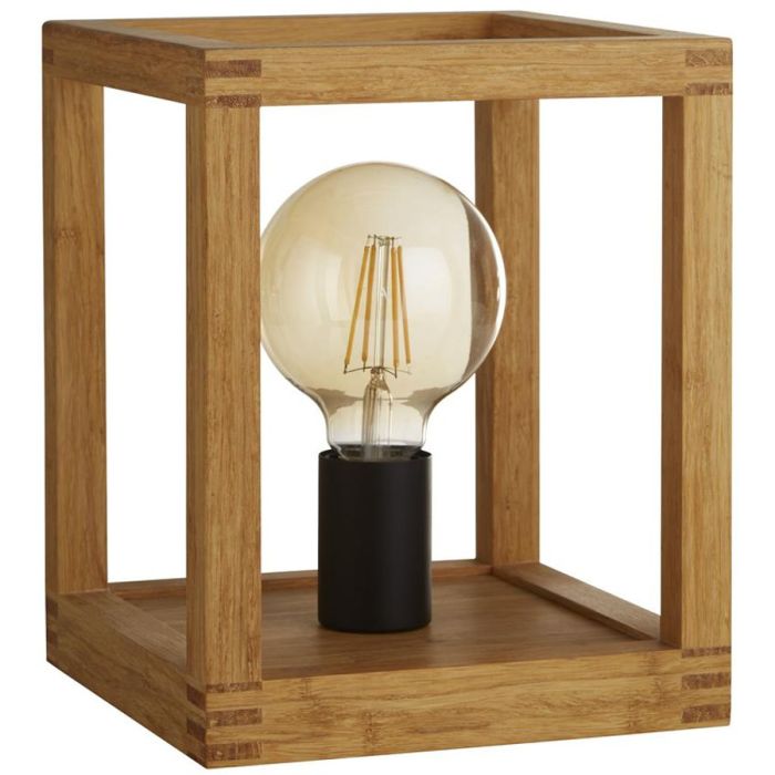 Searchlight Square EU54742-1NA tafellamp van vierkant houten raamwerk en globelamp in een zwarte fitting binnenin