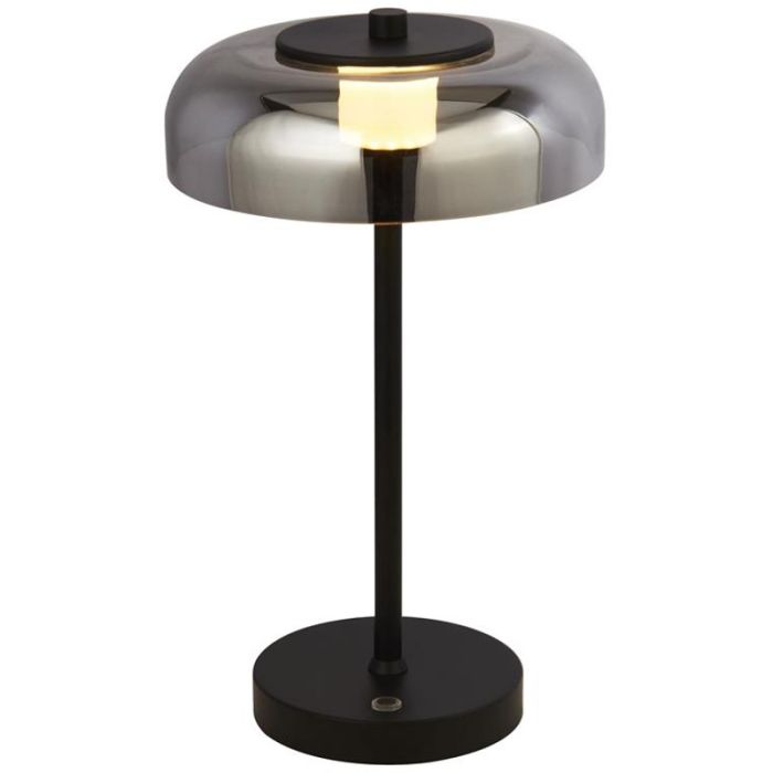 Searchlight Frisbee EU59801-1SM brandende zwarte tafellamp met touchdimmer en frisbee vormige kap van rookglas