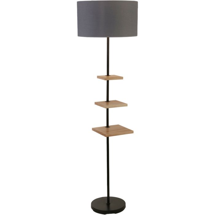 Searchlight Norfolk EU60301 vloerlamp met drie plankjes aan de voet en grijze ronde kap van textiel
