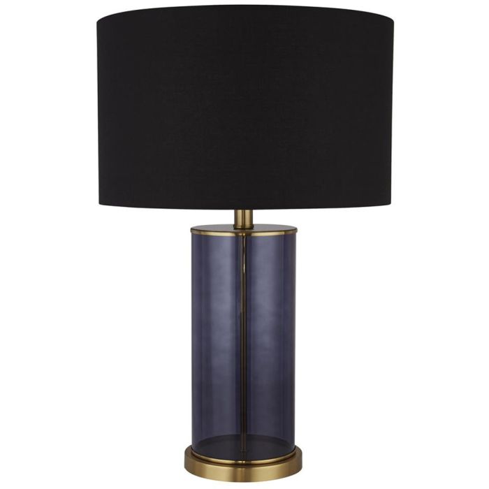 Searchlight Liberty EU60715BL 53cm hoge tafellamp met cilindervormige blauw glazen voet en zwarte kap van textiel