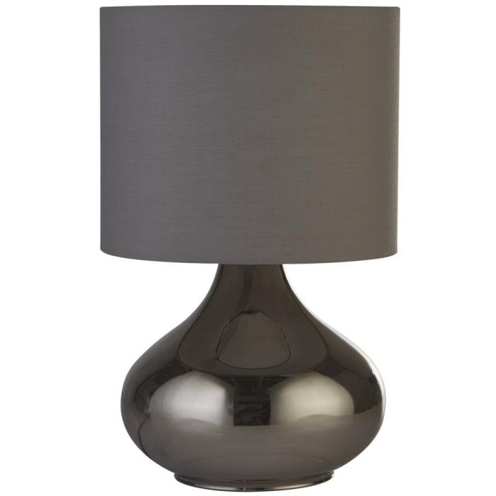 Searchlight Oslo EU60984SM 34cm hoge tafellamp met rookglazen voet en grijze kap van textiel