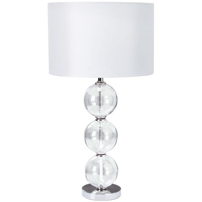 Searchlight Bliss EU6194CC-1 tafellamp van 58cm hoog en met chromen voet met drie glazen bollen en een ronde witte kap van textiel