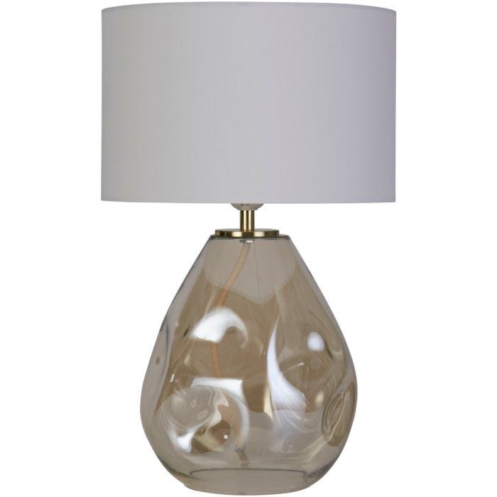 Searchlight Devon EU65420CP tafellamp van 45cm hoog met champagne kleurig gedeukt glazen voet en gebroken wit linnen kap