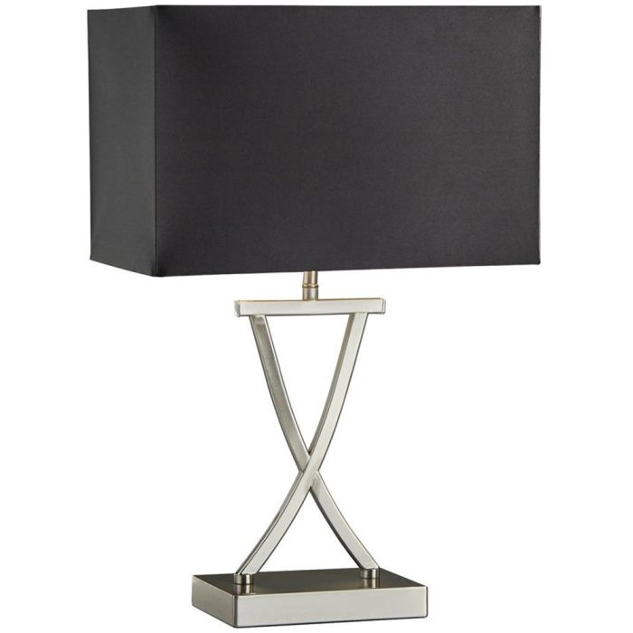 Searchlight Club staalkleurige tafellamp van 49cm hoog en met een voet in de vorm van een X en een rechthoekige zwarte kap van textiel
