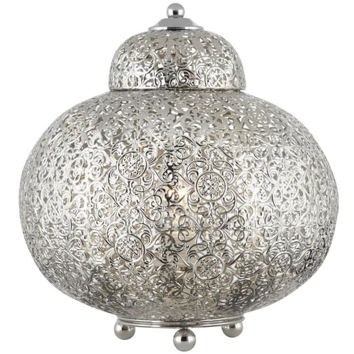 Searchlight Fretwork tafellamp in de vorm van een pot gemaakt van zilverkleurig vlechtwerk