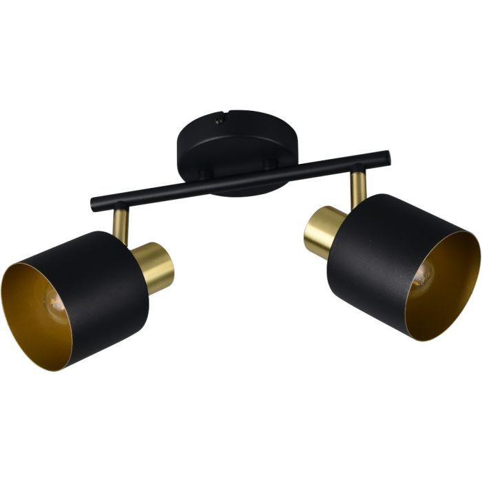 Trio Eva 868800280 spot met ronde zwarte plafondplaat en twee spotjes met goudkleurige fitting en zwart kapje met goudkleurige binnenzijde aan een zwarte stang