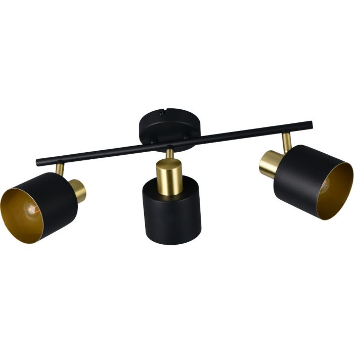 Trio Eva 868800380 spot met ronde zwarte plafondplaat en drie spotjes met goudkleurige fitting en zwart kapje met goudkleurige binnenzijde aan een zwarte stang