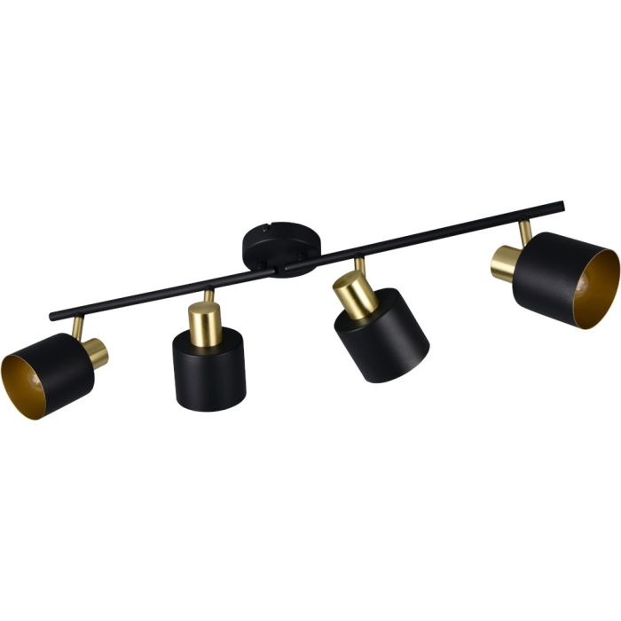 Trio Eva 868800480 spot met ronde zwarte plafondplaat en vier spotjes met goudkleurige fitting en zwart kapje met goudkleurige binnenzijde aan twee zwarte stangen