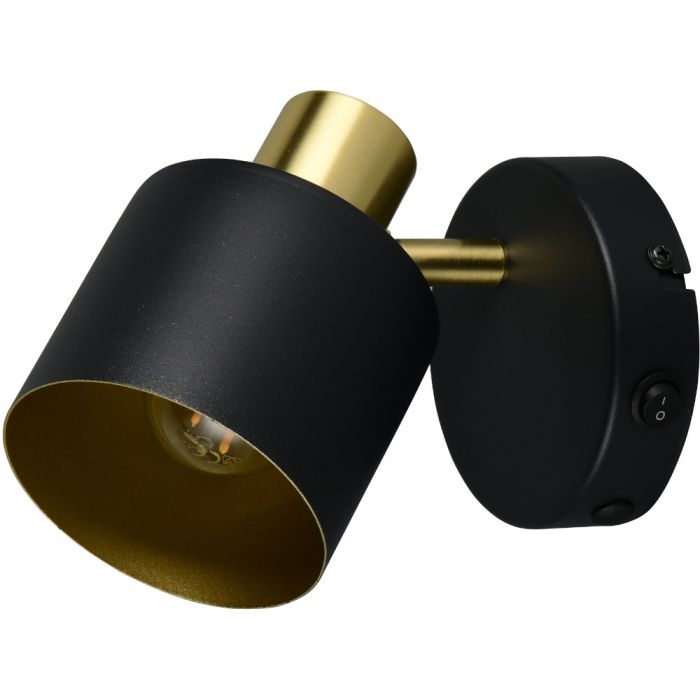 Trio Eva 868870180 wandspot met ronde zwarte wandplaat met schakelaar en spotje met goudkleurige fitting en zwart kapje met goudkleurige binnenzijde