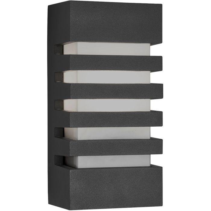 Searchlight Exeter 3393GY antraciet grijze rechthoekige buiten wandlamp met gestreepte openingen en wit glazen kap erachter